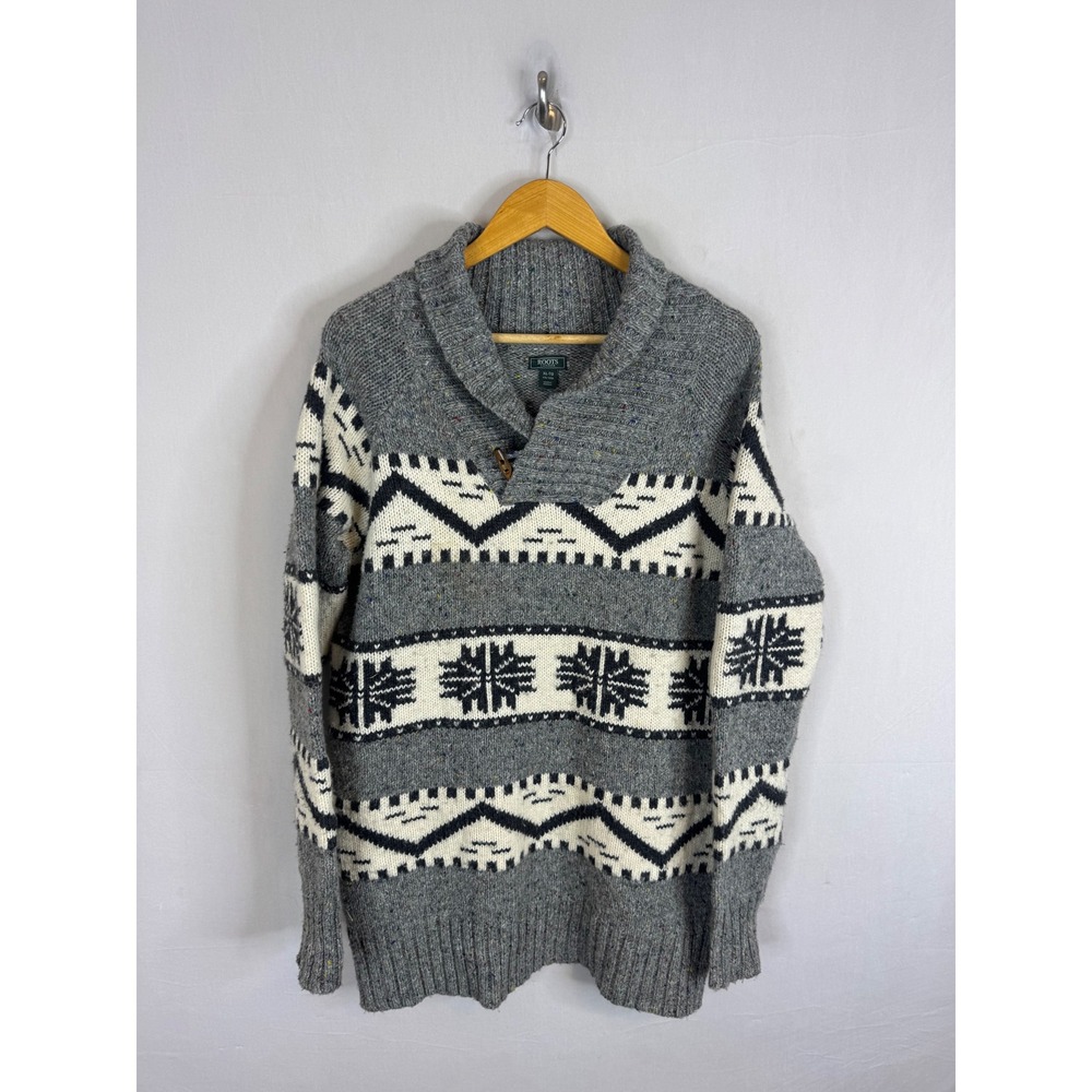 Roots Canada Mens XL Grey Donegal Fair Isle Shawl Collar Toggle Sweater